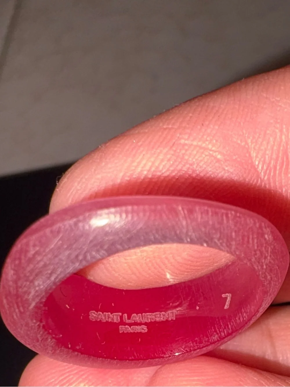 Saint Laurent Ladies Ice Effect Pink Fush Resin Ring Sz 7 new